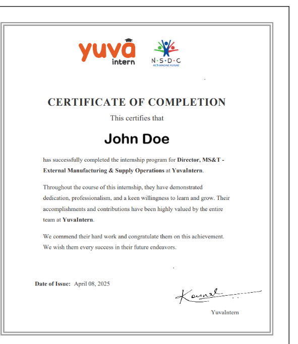 Certificate of Internship by Yuva Intern